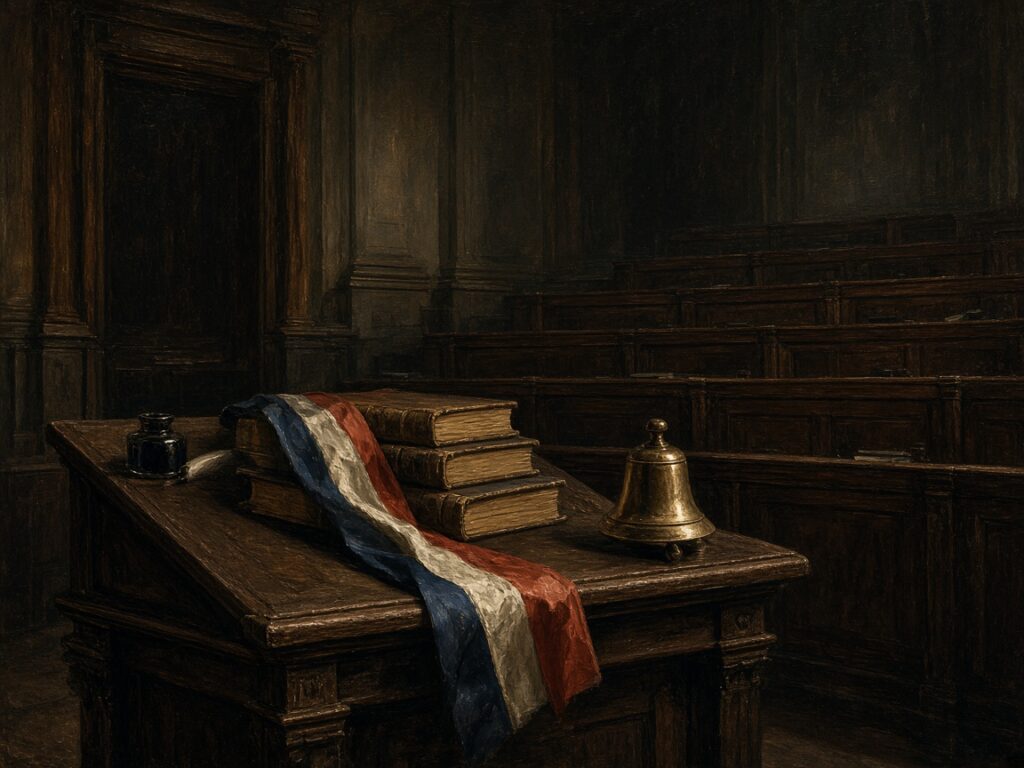 Éric Zemmour type 6 ennéagramme : pupitre, livres et cloche dans un hémicycle vide, image symbolique