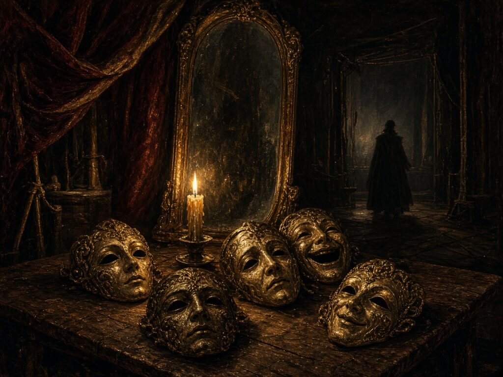 Emmanuel Macron type 3 ennéagramme : masques dorés devant un miroir dans les coulisses d'un théâtre, image symbolique