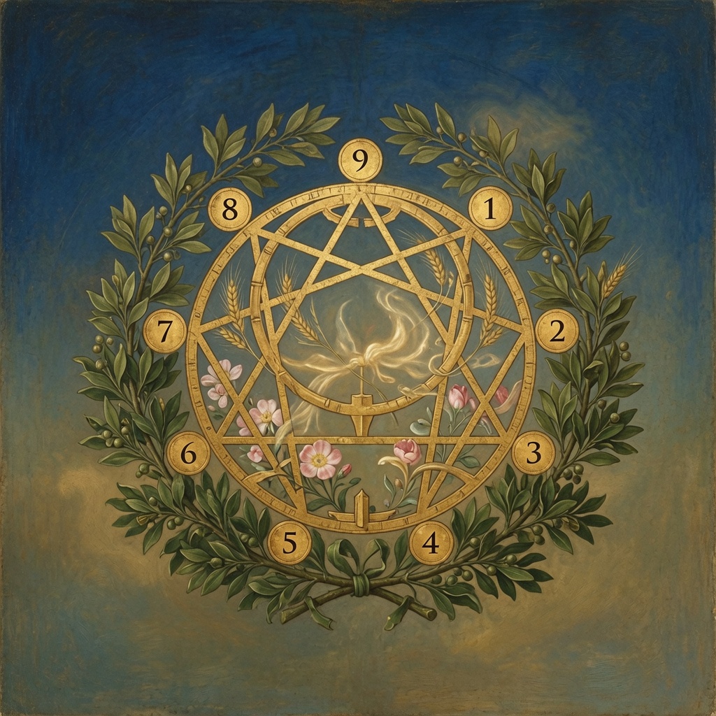 Différence type 4 et type 5 ennéagramme : ennéagramme doré et couronne de laurier, illustration alchimique